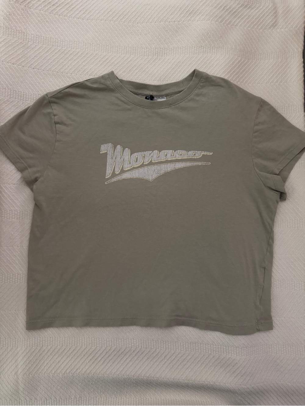 H&M Sage Green Graphic Crop Tee with White Logo